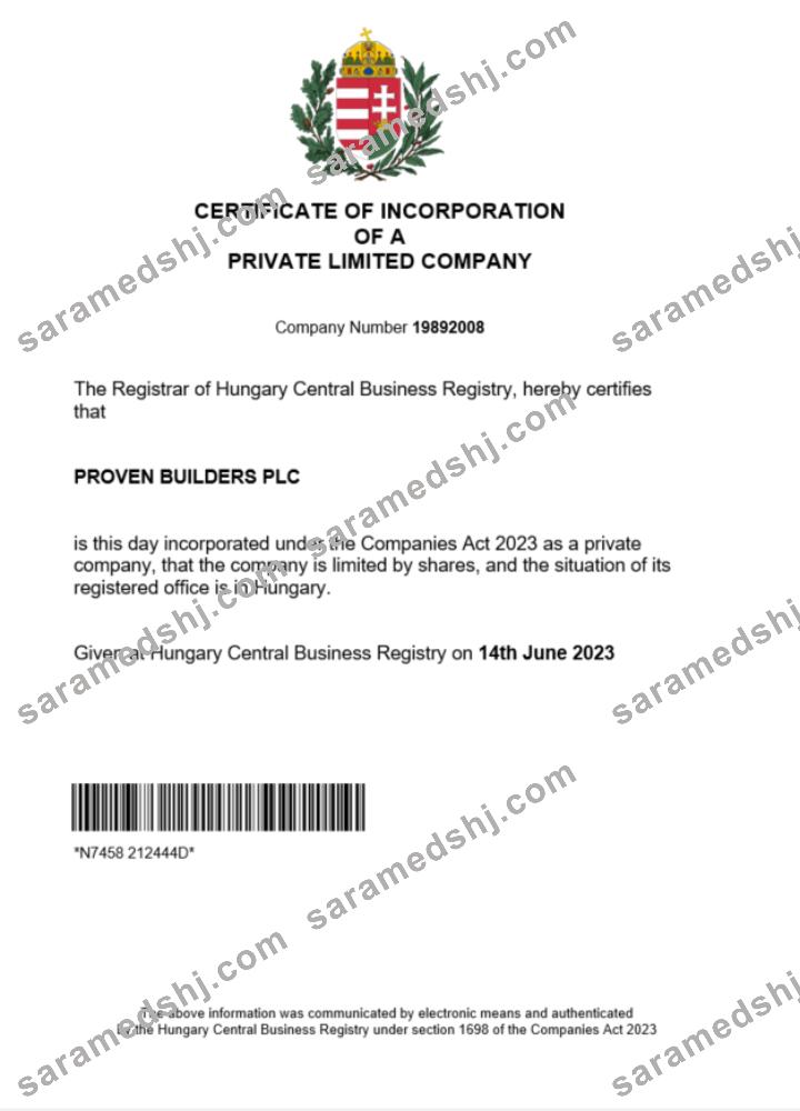 Hungary certificate of registration Word and PDF template